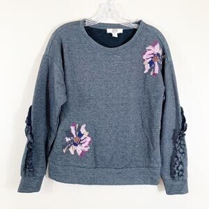 Vintage America Beaded Floral Ruffle Gray Sweatshirt Size S